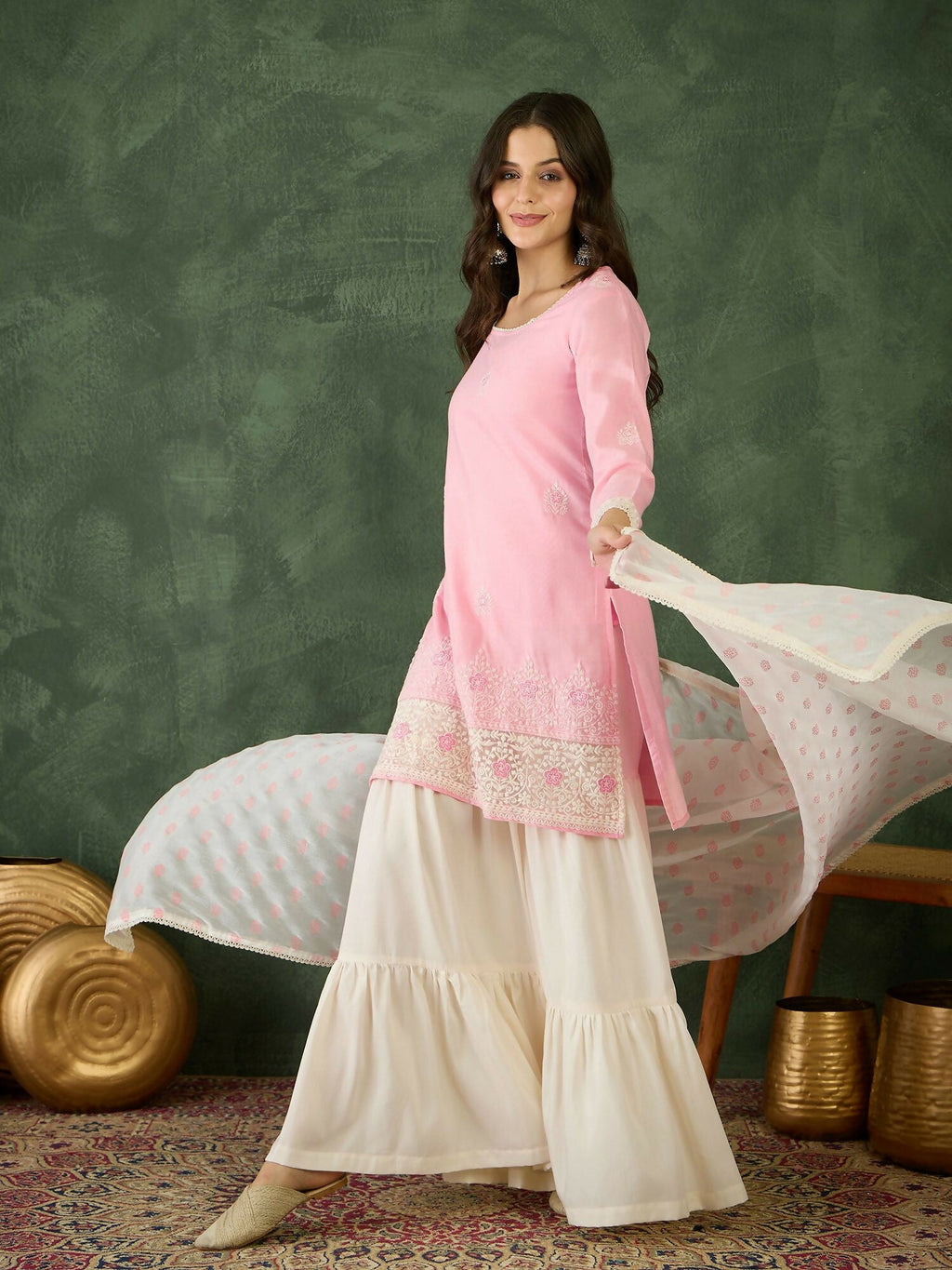 The52 Women's Gorgeous Embroidery Work Cotton Satin Fabric Straight Kurta Sharara and Dupatta Set-Peach | Grocsy