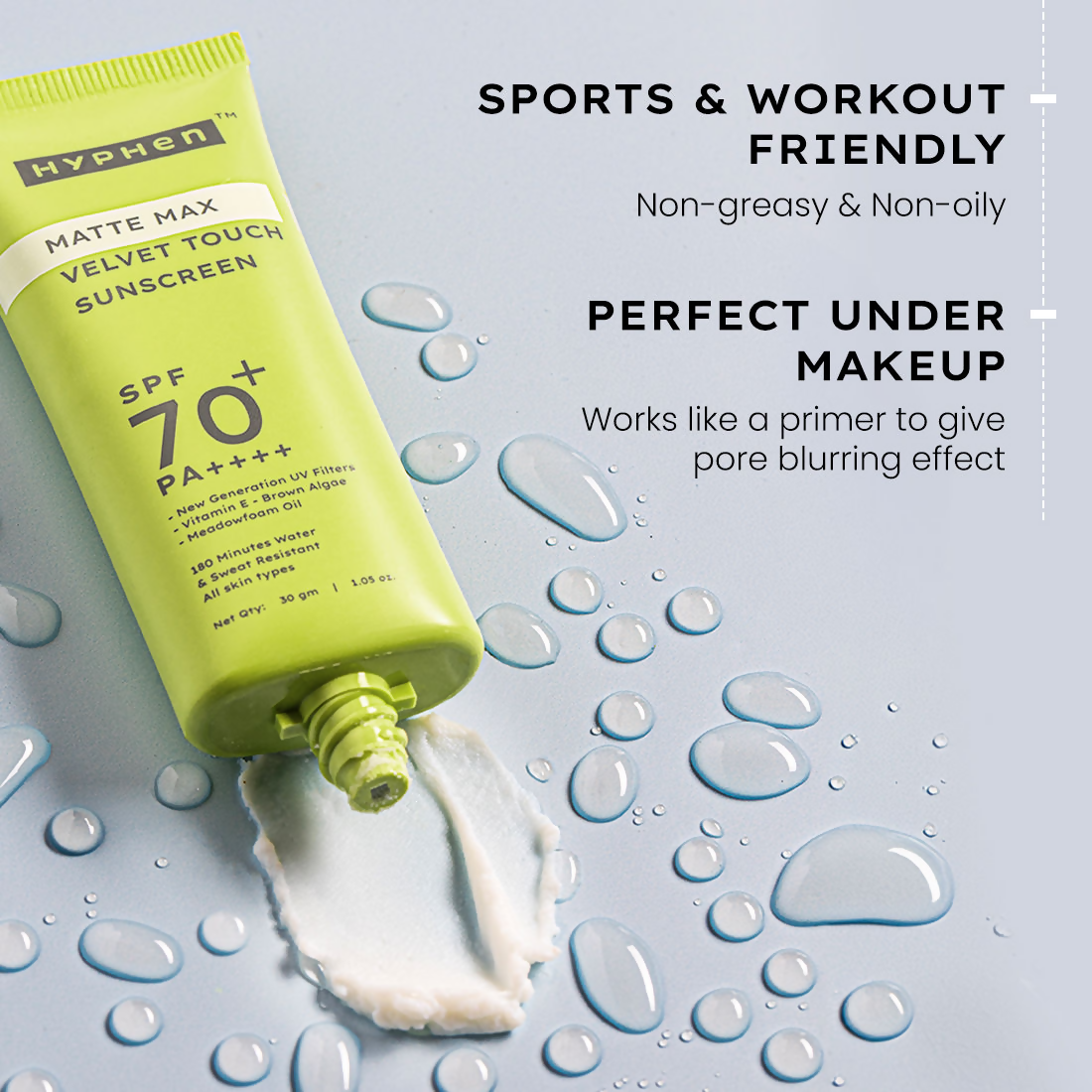 Hyphen Matte Max Velvet Touch Sunscreen SPF70+PA++++ Sweat & Water Resistant 12hr UV Protection | Grocsy