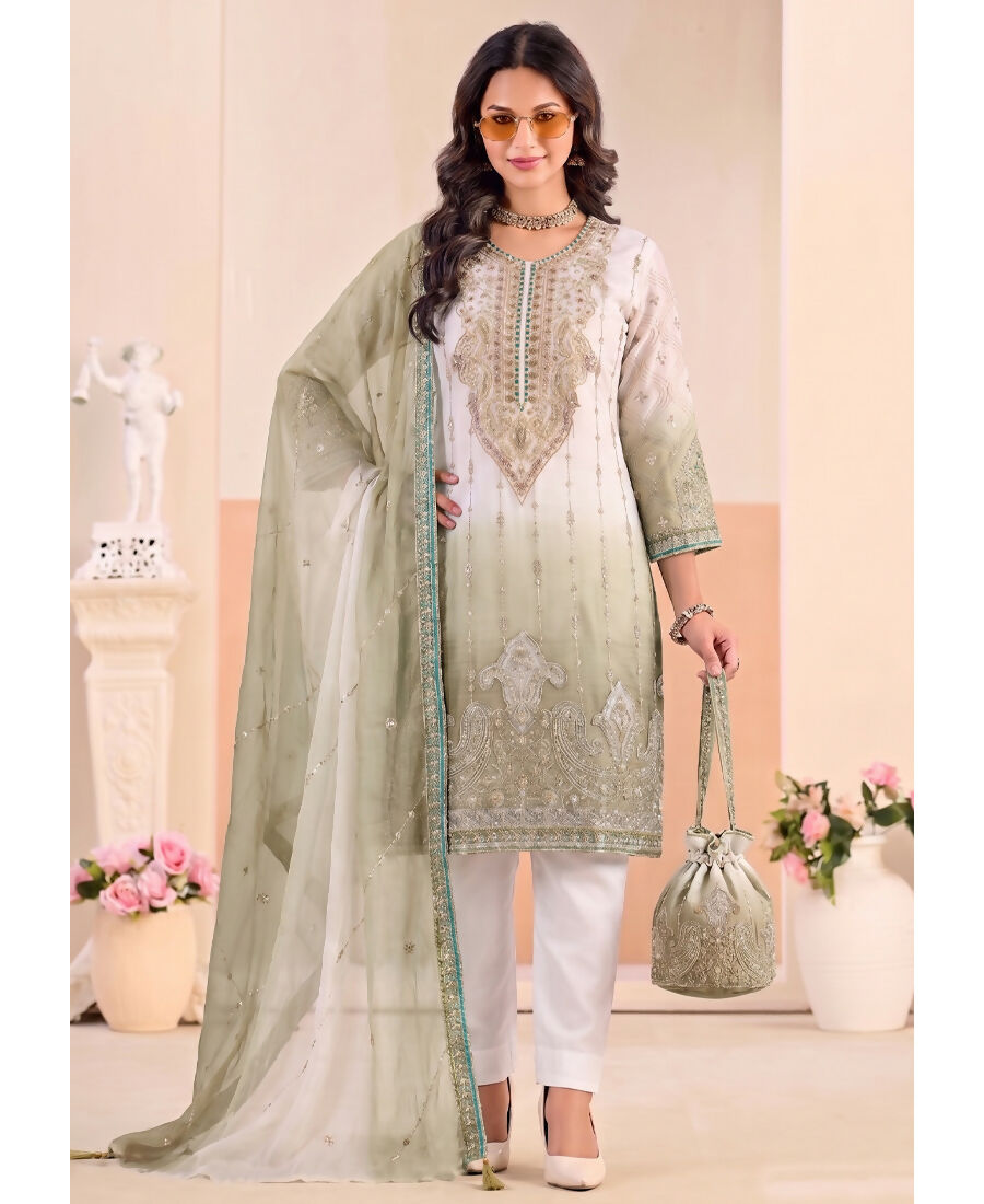 KC Designer Green Ombre Straight Suit For Women With Hand Embroidery | Grocsy