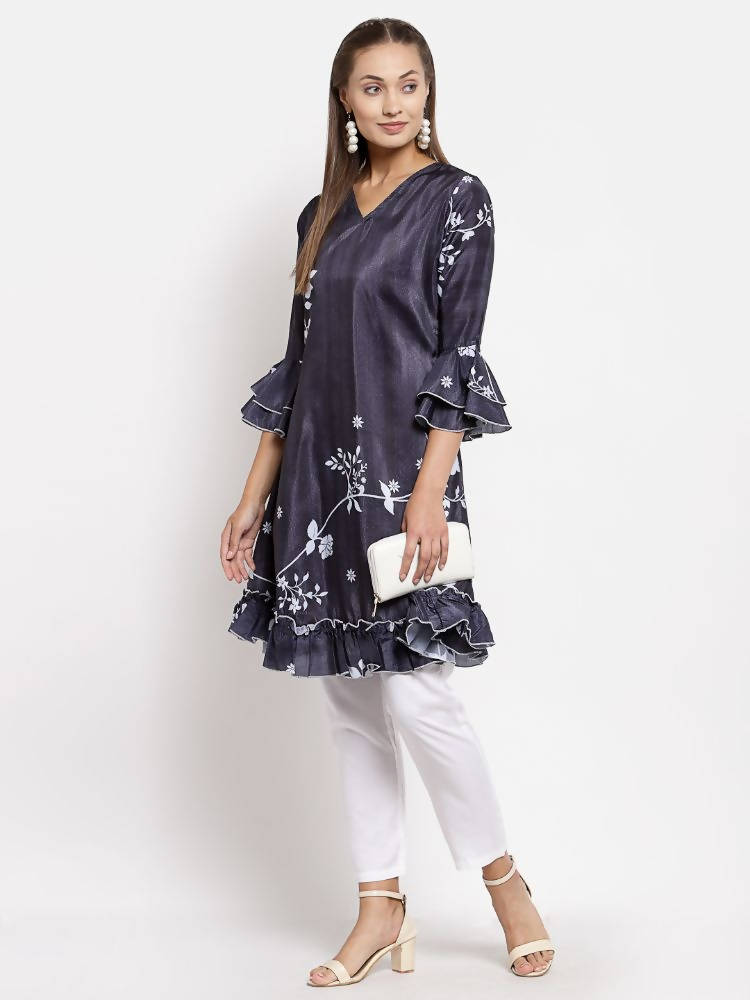 Myshka Women's Black Crep Printed Full Sleeve V Neck Casual Tunic | Grocsy