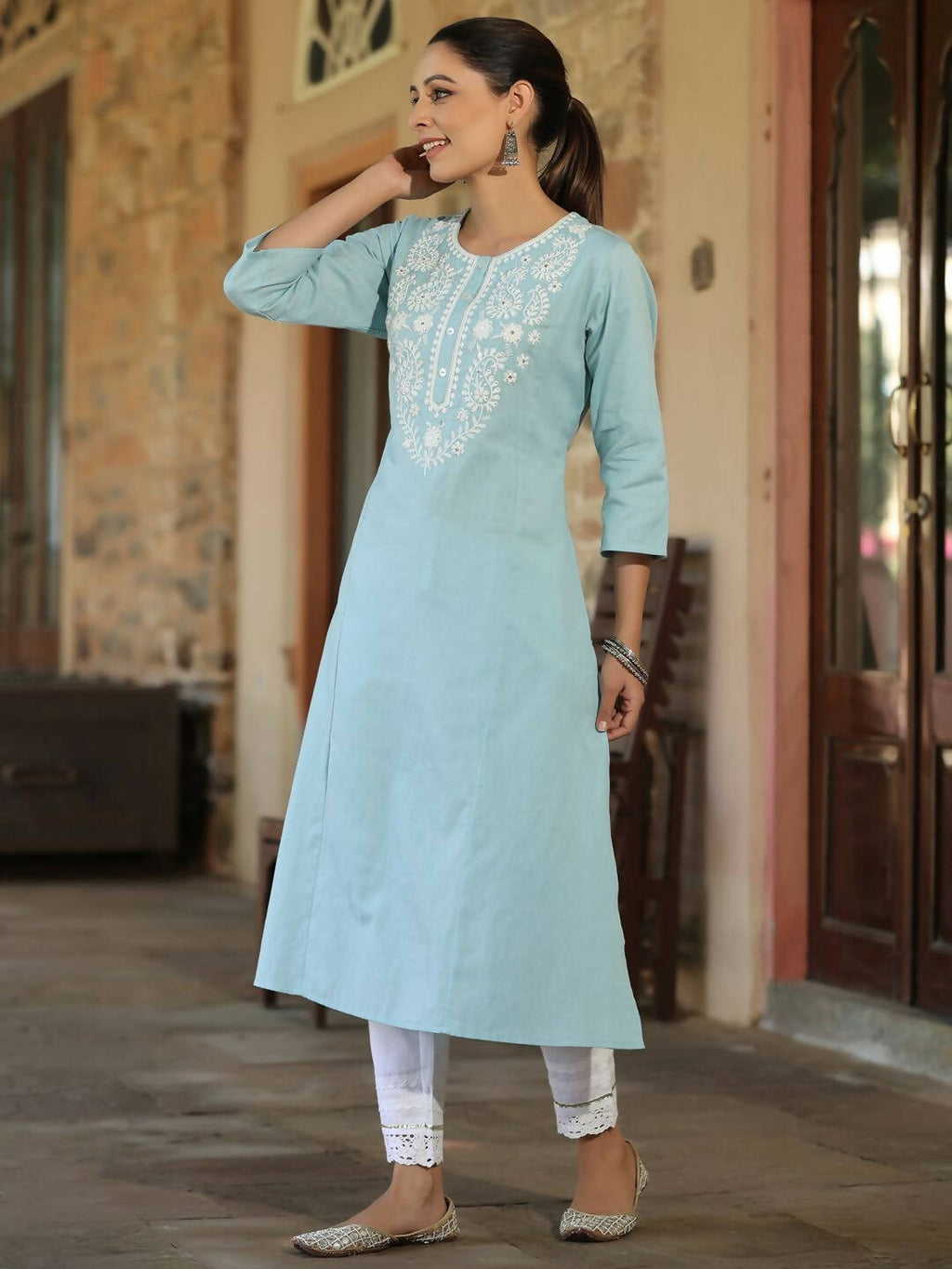 Juniper Women's Blue Cotton Flex Embroidered Straight Kurta | Grocsy