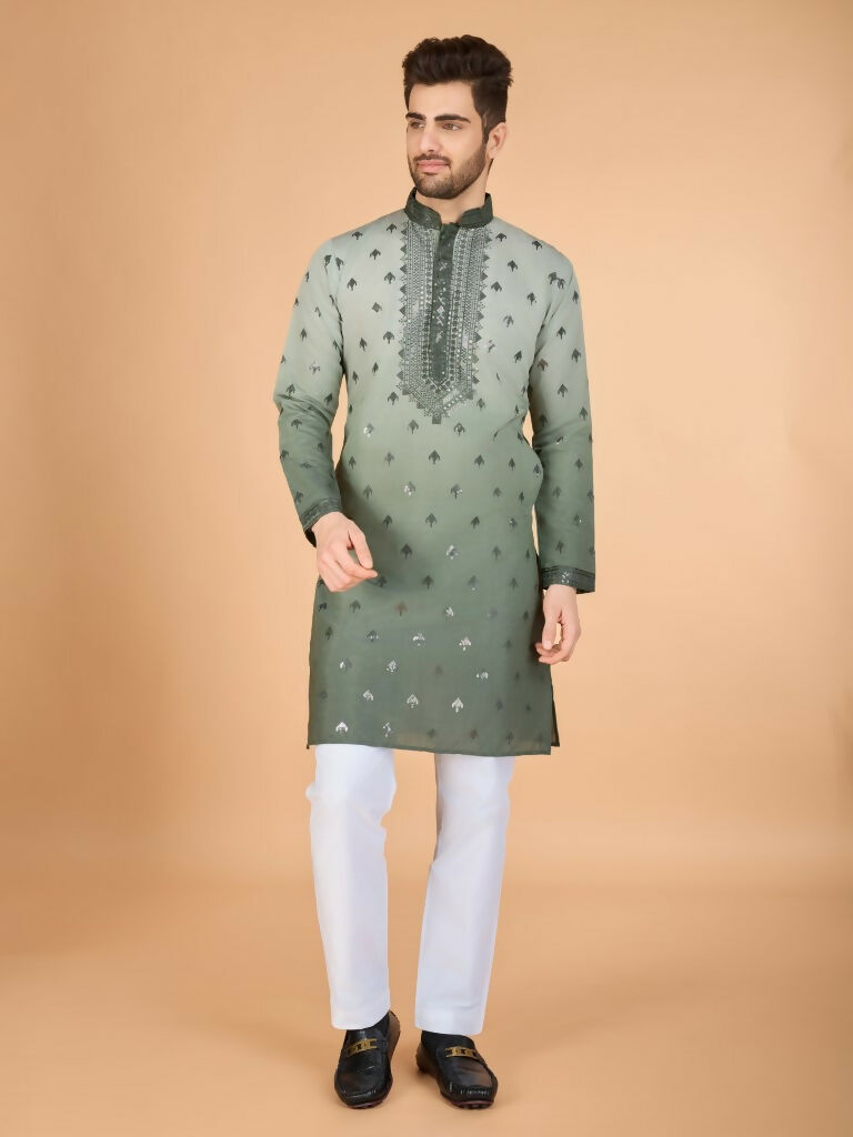 Vastranavya Ombre Green Premium Viscose Silk Thread & Sequence Embroidery work Kurta | Grocsy