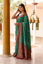 Joban Fashion Teal Green Crepe Chiffon Pure Handloom Banarasi Silk Saree | Grocsy