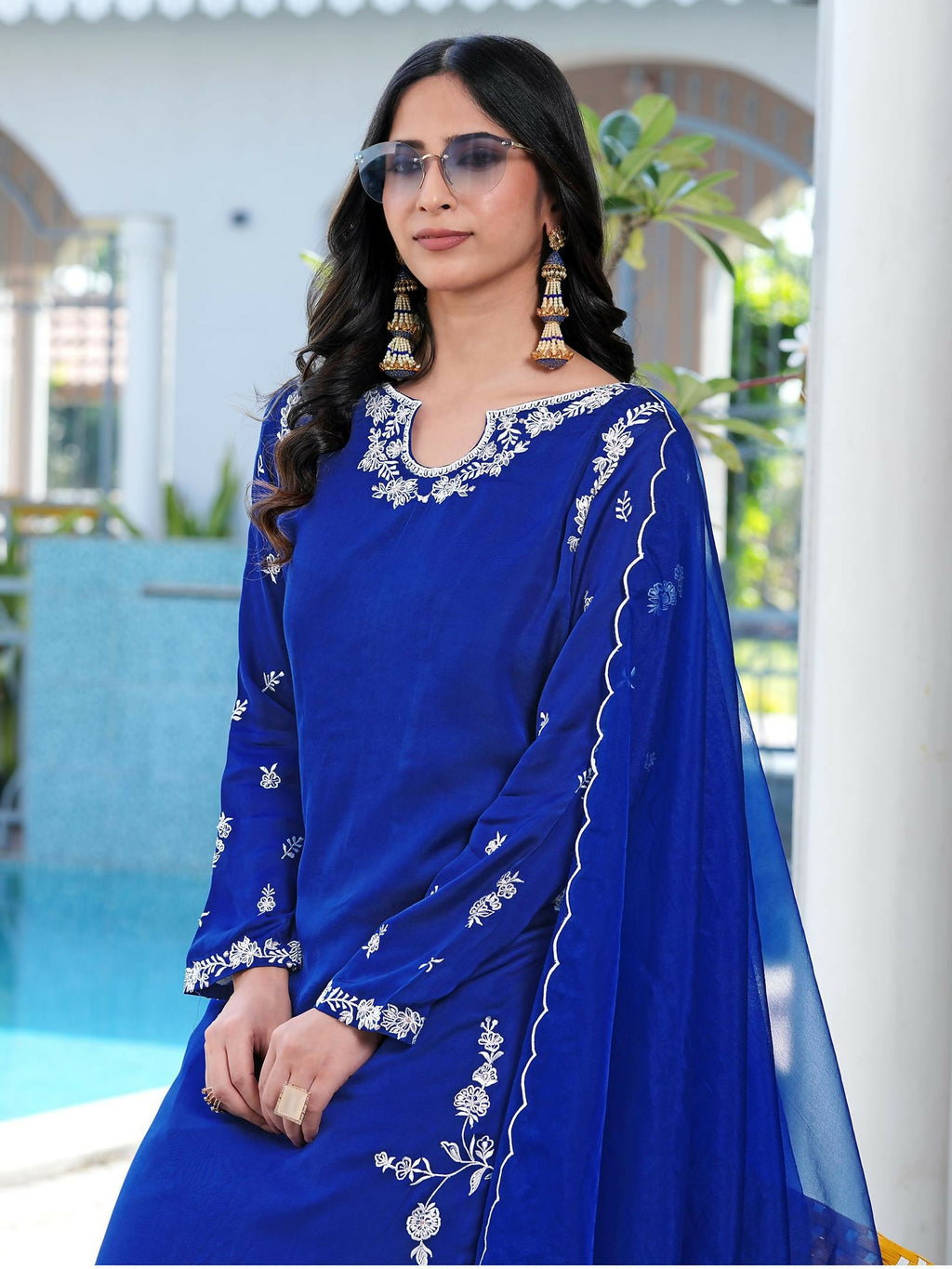 Nikhaar Royal Blue Embroidered Modal Silk Stitched Straight Cut Kurta Culottes Dupatta Readymade Suit | Grocsy