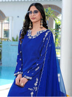 Nikhaar Royal Blue Embroidered Modal Silk Stitched Straight Cut Kurta Culottes Dupatta Readymade Suit | Grocsy
