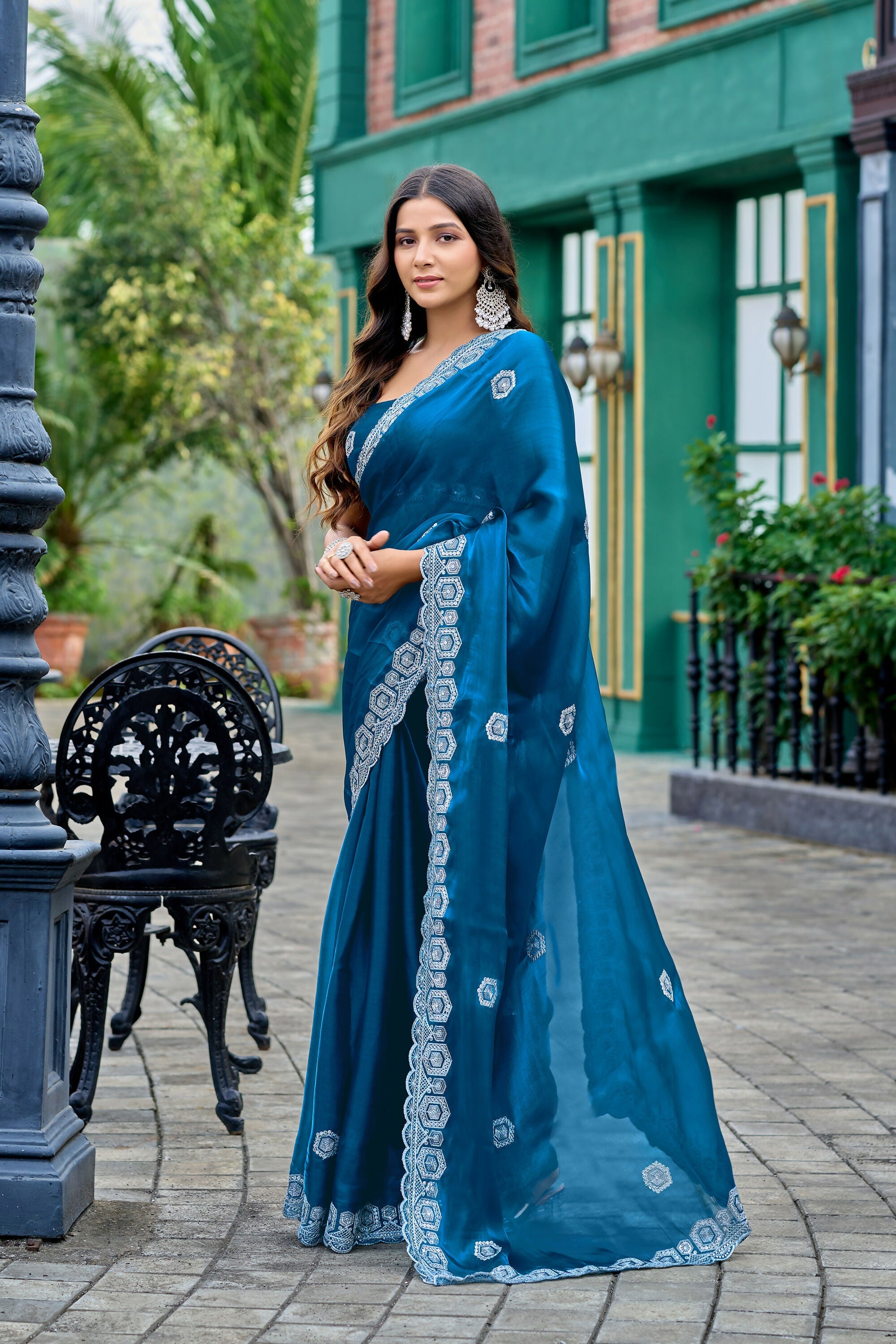 Vastranavya Teal Embroidery Work Shimmer Chiffon Saree with Unstitched Blouse | Grocsy
