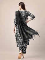 Jyoti Fashion Women's Black Rayon Print with Embroidery & Fancy Lace Work Kurta with Trouser & Dupatta | Grocsy