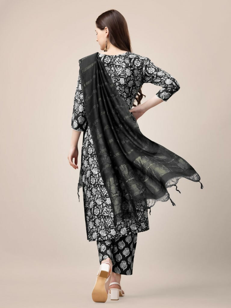 Jyoti Fashion Women's Black Rayon Print with Embroidery & Fancy Lace Work Kurta with Trouser & Dupatta | Grocsy