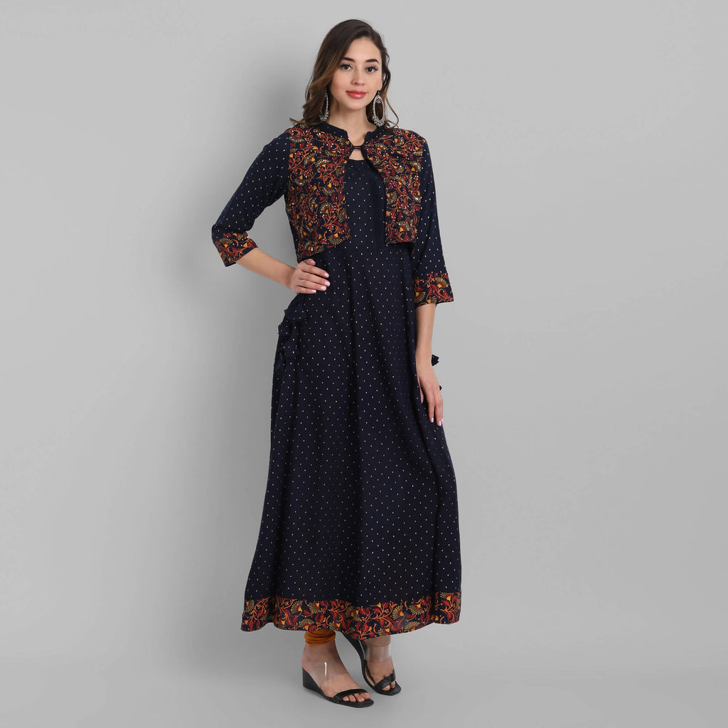 Juniper Women's Navy Rayon Printed Flared Dress | Grocsy