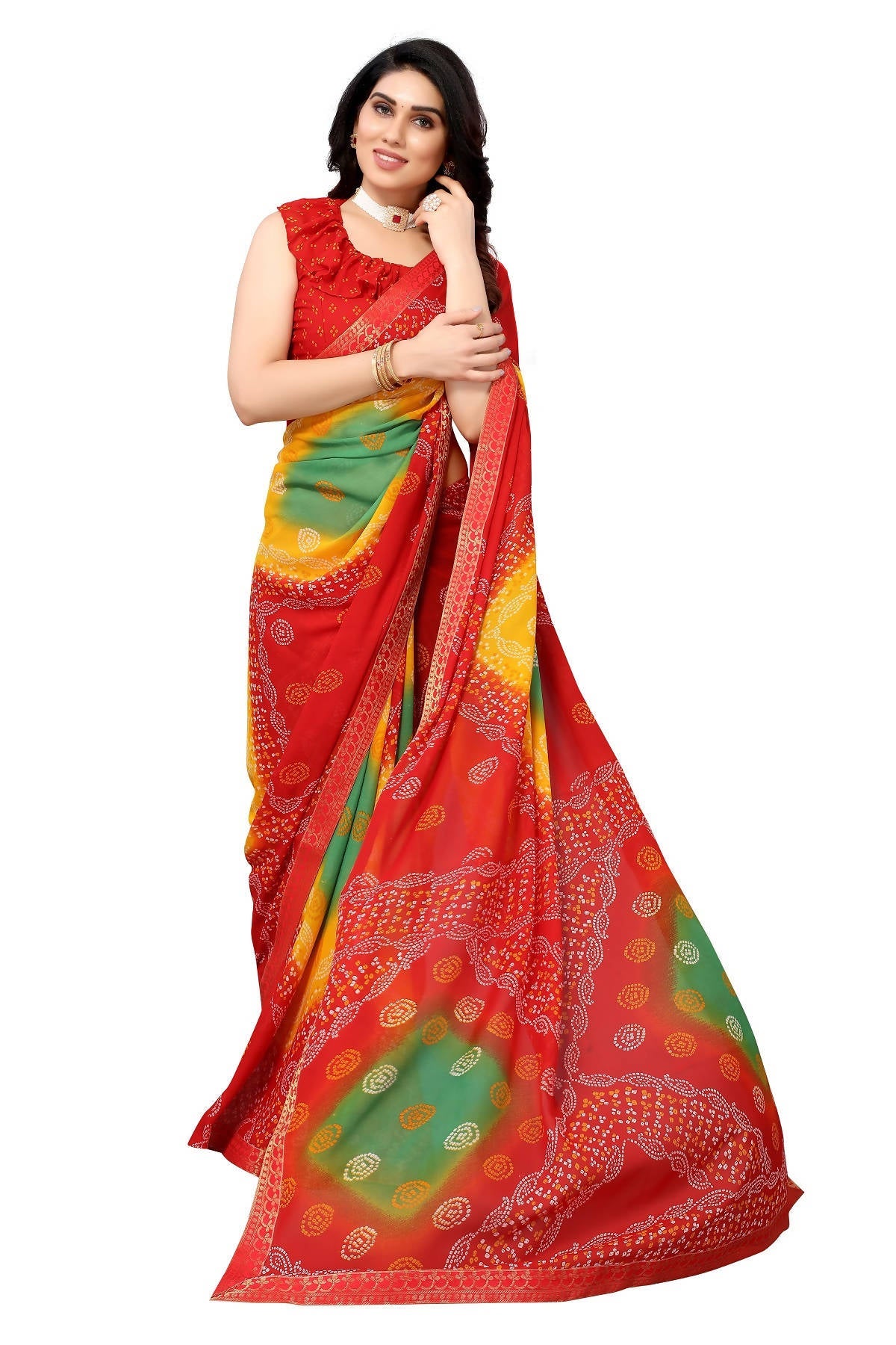 Vamika Ethnic Fire Red Printed With Lace Saree | Grocsy