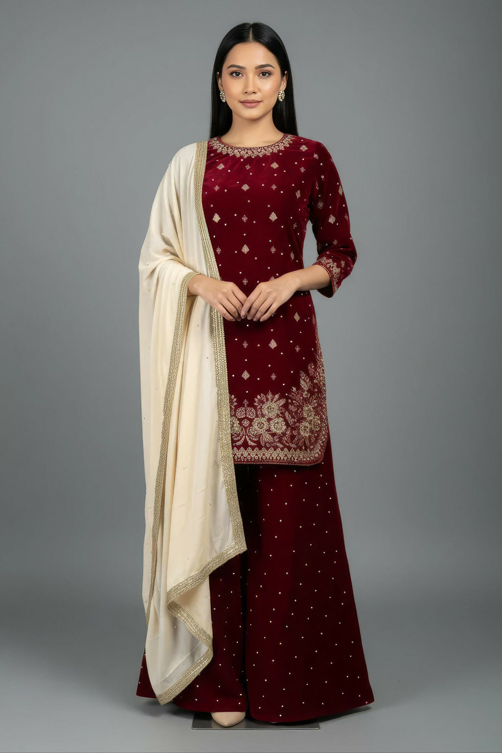 Joban Fashion Deep Maroon Velvet Embroidery Kurta Set | Grocsy