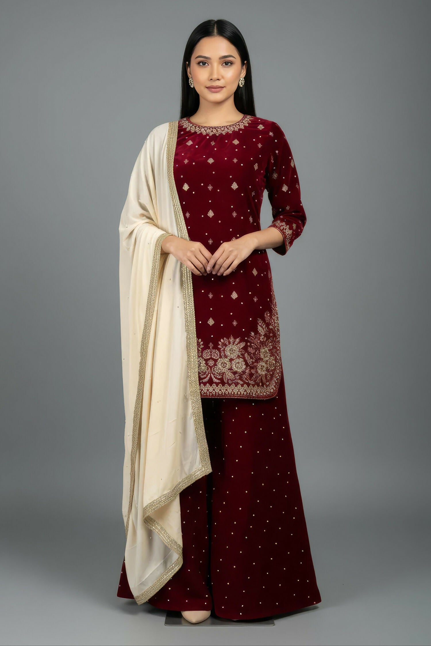 Joban Fashion Deep Maroon Velvet Embroidery Kurta Set | Grocsy
