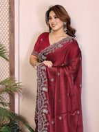 Teeya Creation New Womens Latest Party Wear Soft Chiffon Silk Saree-Red | Grocsy