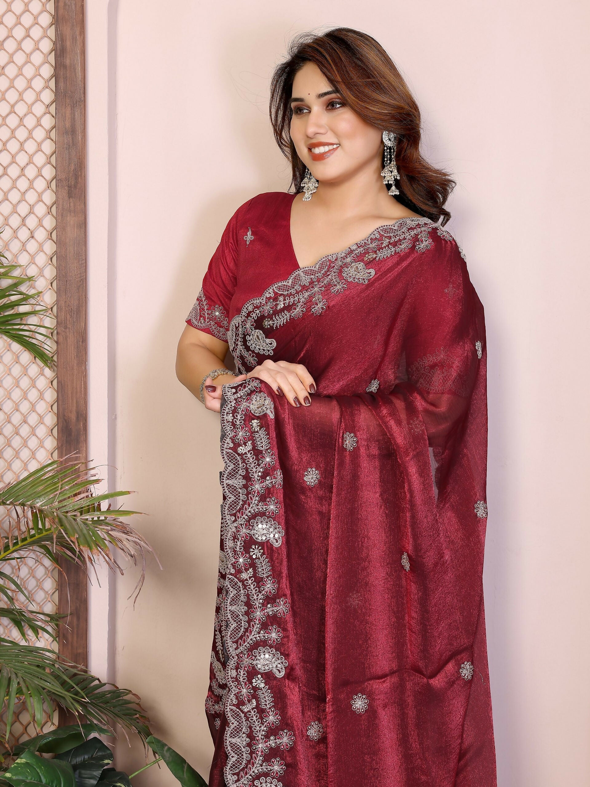 Teeya Creation New Womens Latest Party Wear Soft Chiffon Silk Saree-Red | Grocsy