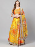 Tulsi Art Yellow & Orange Printed Semi-Stitched Myntra Lehenga & Unstitched Blouse With Dupatta | Grocsy