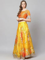Tulsi Art Yellow & Orange Printed Semi-Stitched Myntra Lehenga & Unstitched Blouse With Dupatta | Grocsy