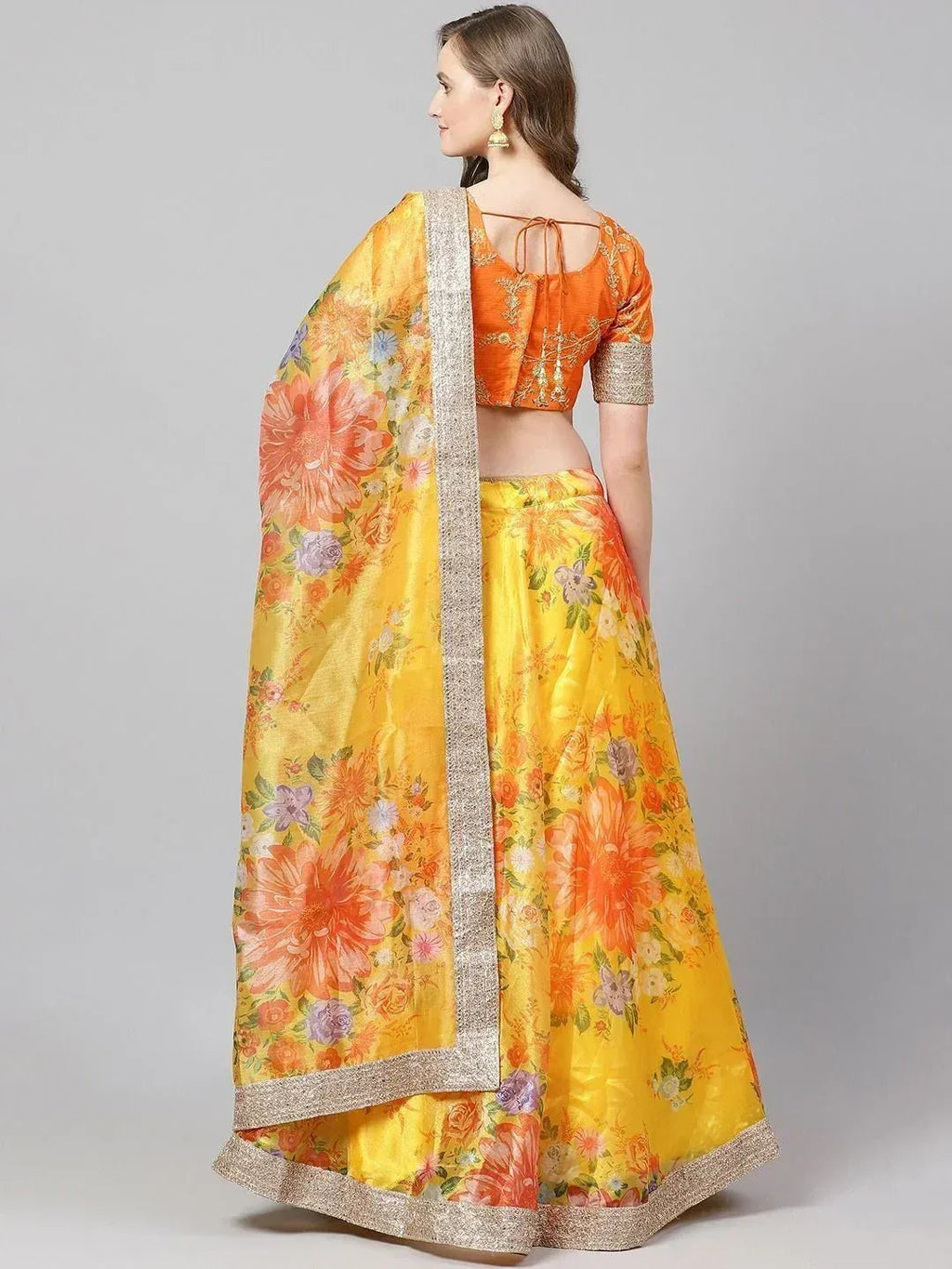 Tulsi Art Yellow & Orange Printed Semi-Stitched Myntra Lehenga & Unstitched Blouse With Dupatta | Grocsy