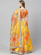 Tulsi Art Yellow & Orange Printed Semi-Stitched Myntra Lehenga & Unstitched Blouse With Dupatta | Grocsy