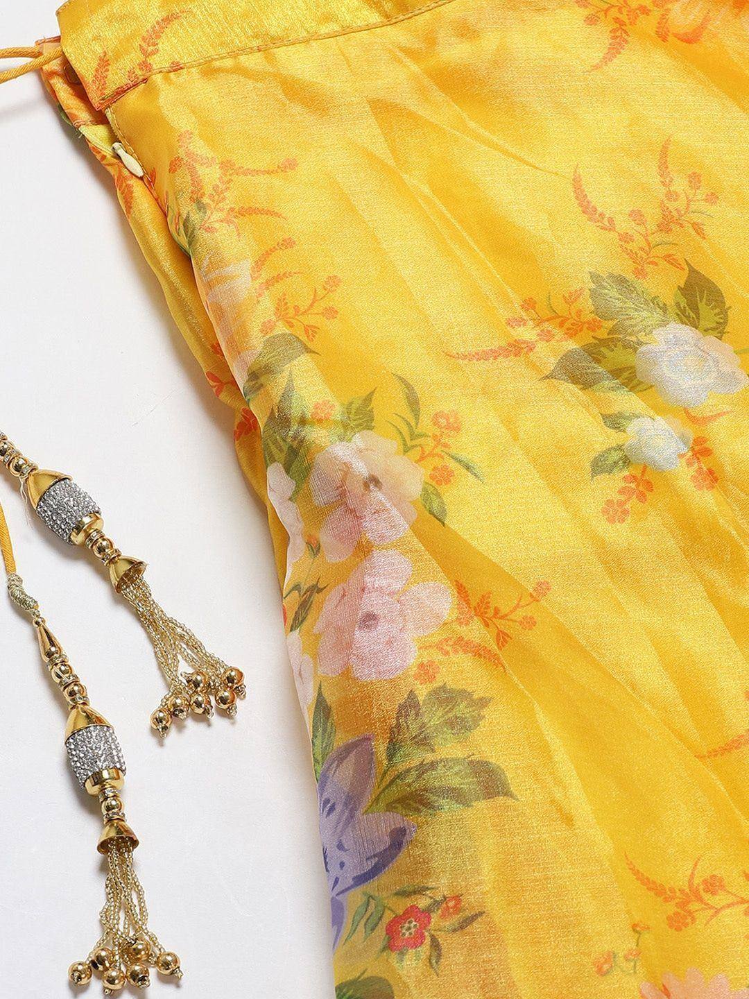 Tulsi Art Yellow & Orange Printed Semi-Stitched Myntra Lehenga & Unstitched Blouse With Dupatta | Grocsy