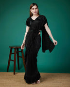 Black Imported Crush Solid Ready to Wear Saree with stitched Blouse - Aayan | Grocsy