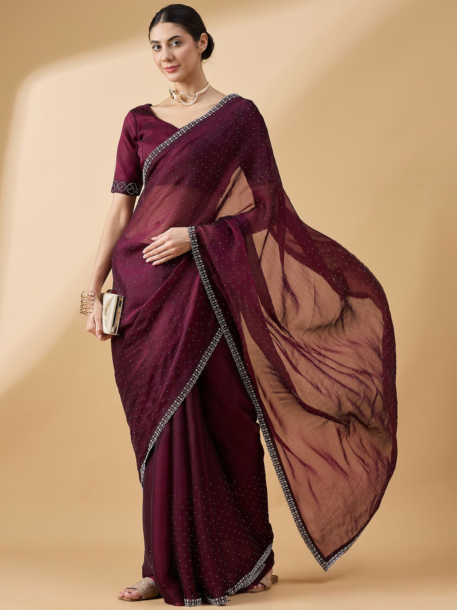 Purple Organza Swaroski Diamond Work Saree with Unstitched Blouse - Radha | Grocsy