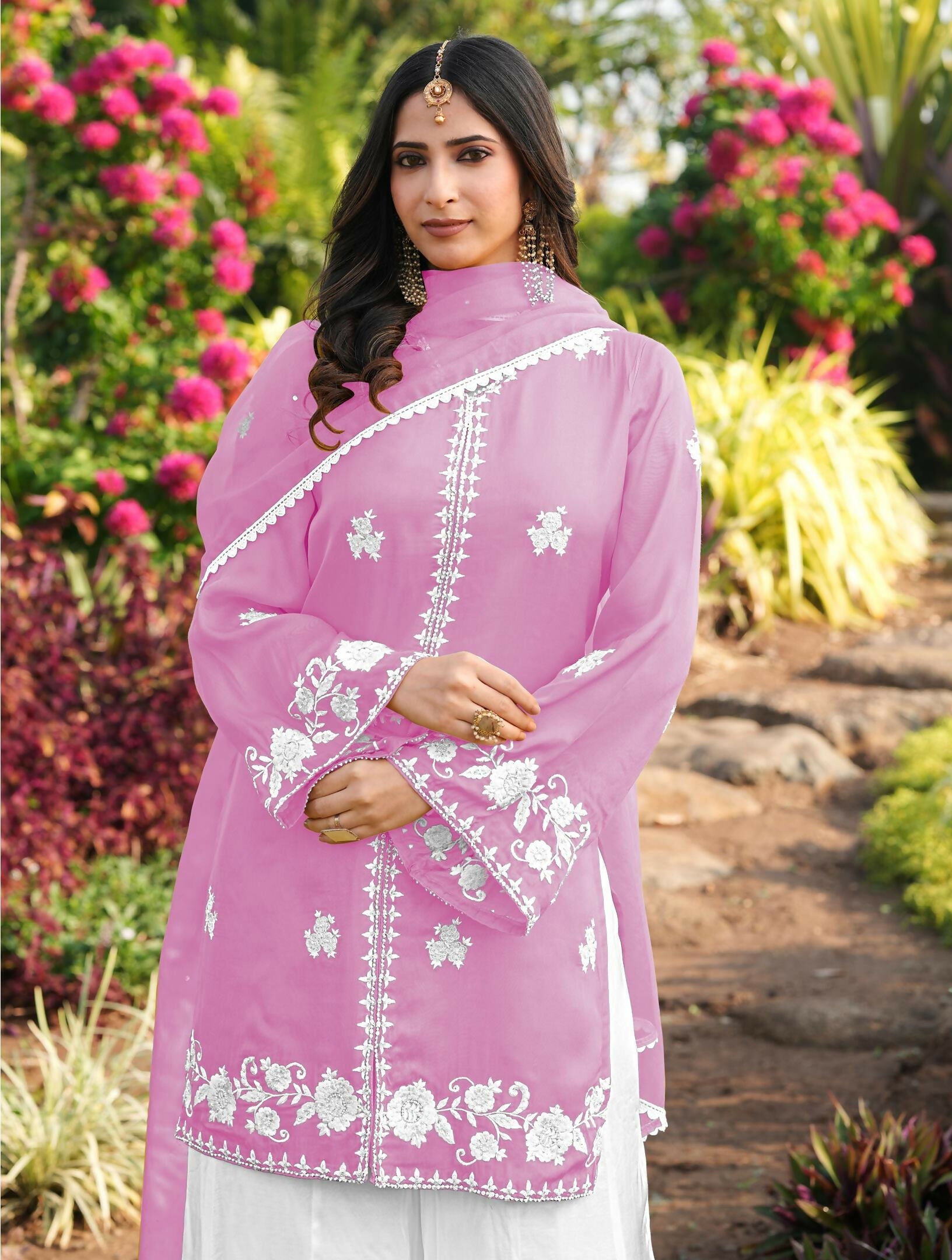 Nikhaar Light Pink Embroidered Modal Silk Stitched Straight Cut Kurta Kalidar Palazzo Dupatta Readymade Suit | Grocsy