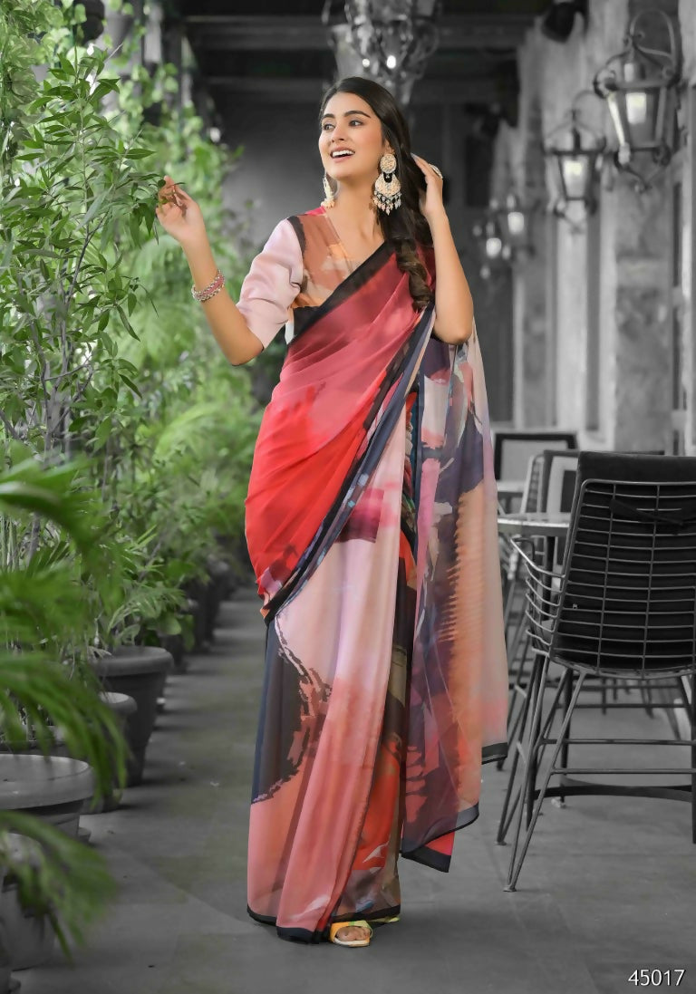 stylish Casual Red Imported georgette Ready to Wear Fancy Saree - Ashwini | Grocsy