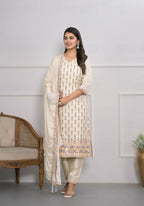 Cream Jequard Silk Embroidery with Thread and sequence Stitched Suit With Dupatta - Tanisha | Grocsy