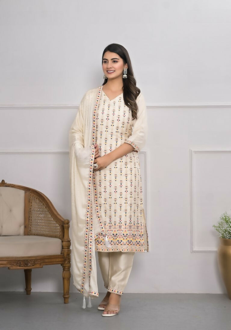 Cream Jequard Silk Embroidery with Thread and sequence Stitched Suit With Dupatta - Tanisha | Grocsy