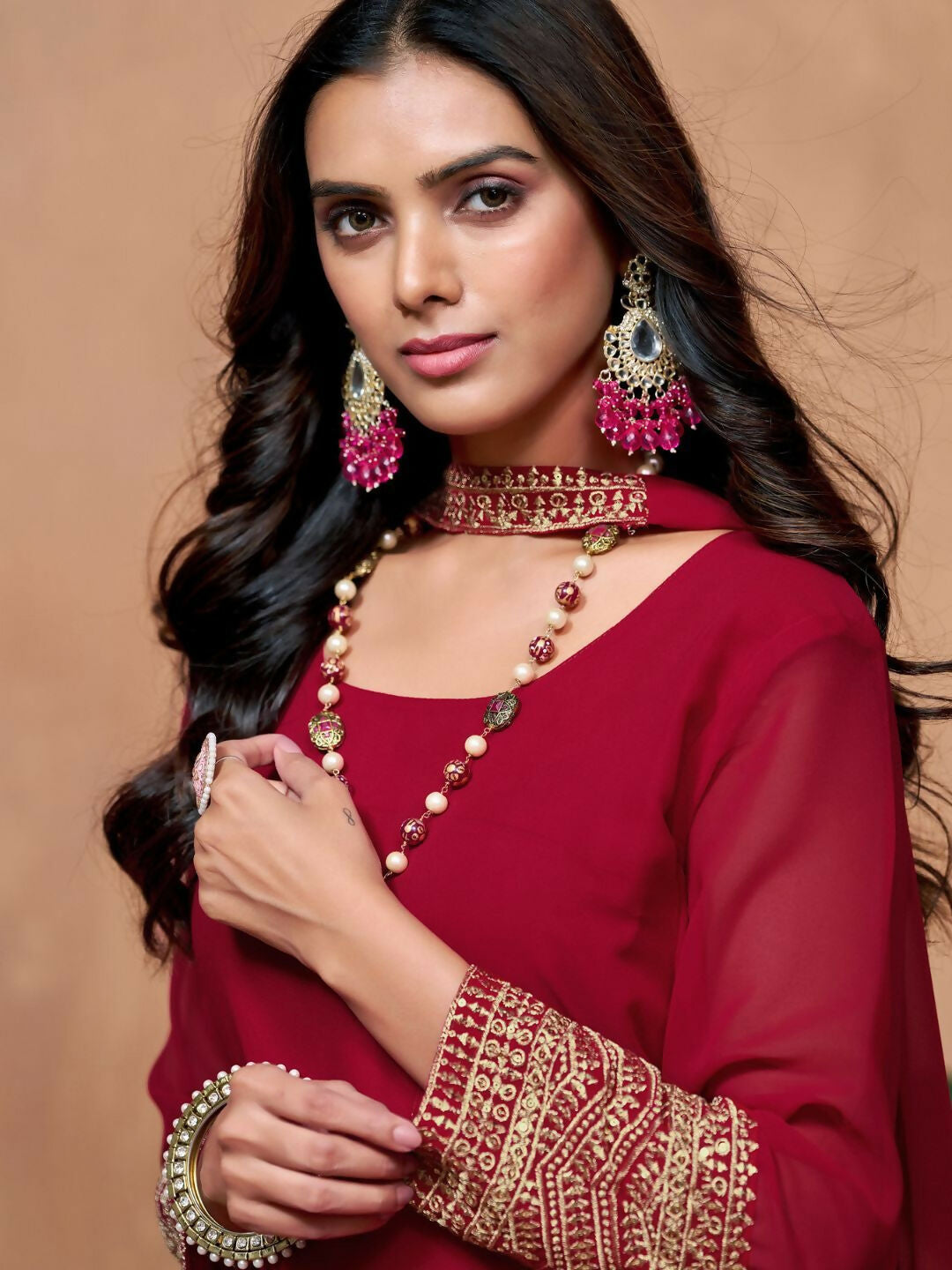 The52 Women's Beautiful Georgette Fabric Embroidery Work Straight Kurta Palazzo and Dupatta Set | Grocsy