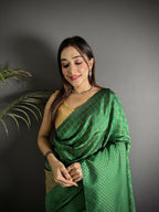 Joban Fashion Emerald Green Banarasi Soft Lichi Silk Checks & Woven Saree | Grocsy