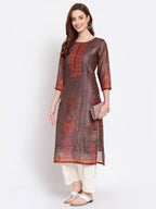 Myshka Women's Multi Printed Chanderi Silk 3/4 Sleeve Round Neck Casual Kurta | Grocsy