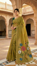 Vastranavya Yellow Muga Cotton Meenakari & Azarakh Pallu Saree with Contrast Blouse | Grocsy