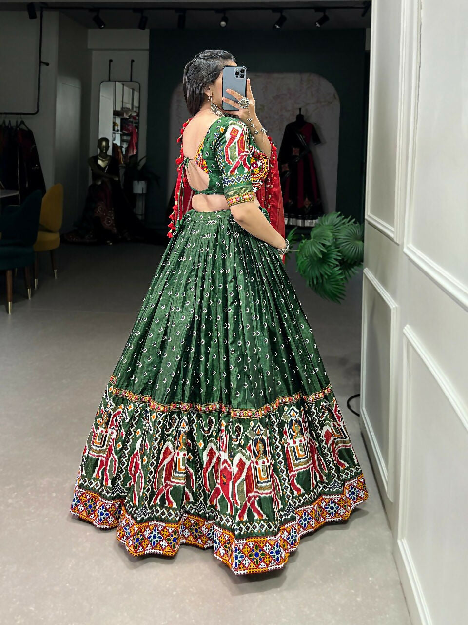 Vastranavya Navaratri Special Dola Silk Patola Print With Gamthi Work Lace Border Lehenga with Stitched Blouse - Green | Grocsy