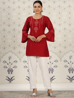 Red Chinon Embroidered Straight Top - Zeny | Grocsy