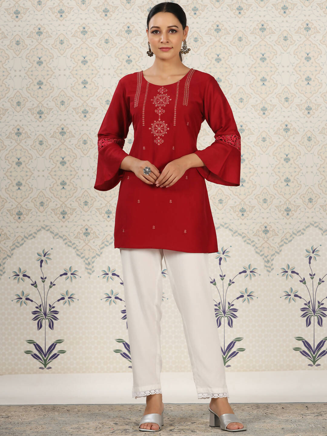 Red Chinon Embroidered Straight Top - Zeny | Grocsy
