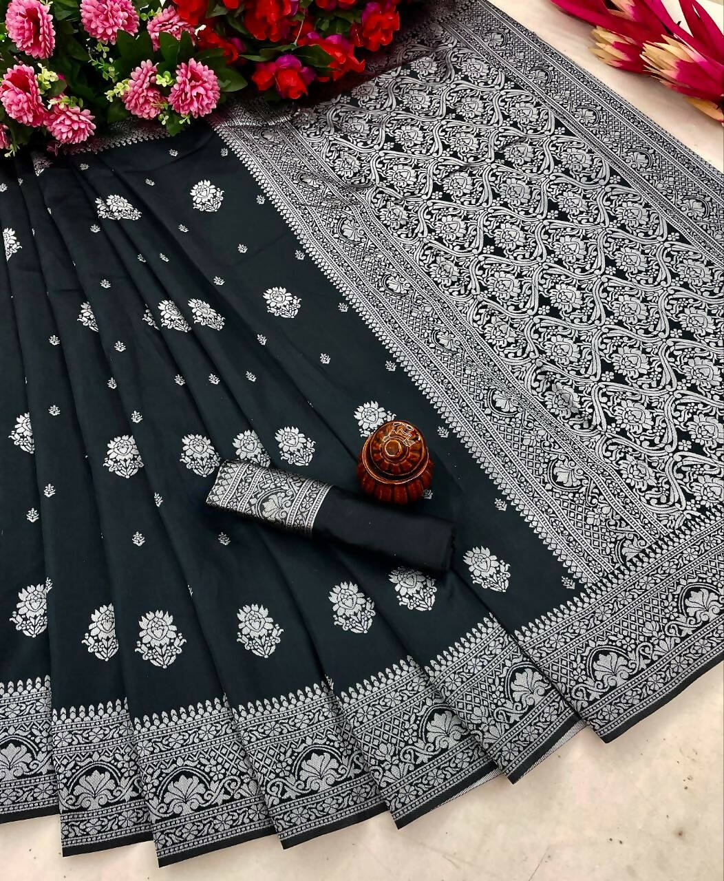 DEIANA'S Beautiful Designer Golden zari Soft Lichi Silk Saree - Black | Grocsy