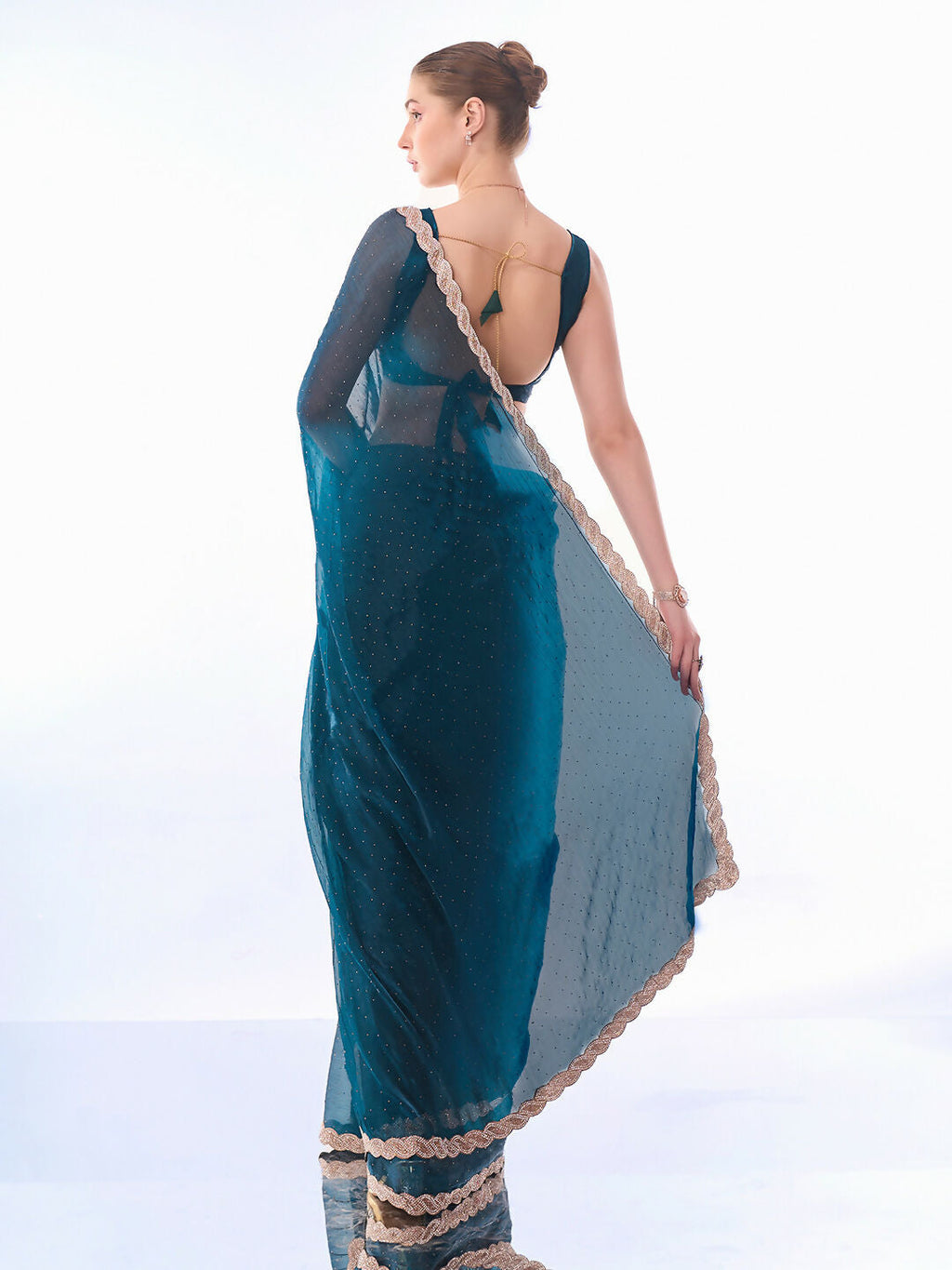 Teal Blue Burburry Designer Work Lace Border & Swarovski Work Saree - Orchid | Grocsy