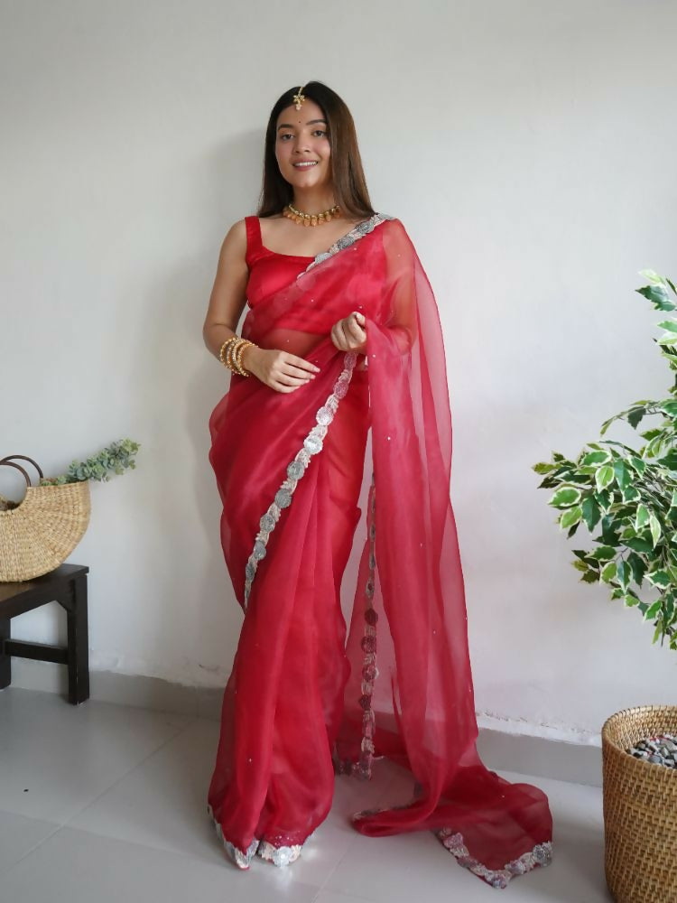 Vamsee Vanshika Red Organza Saree | Grocsy