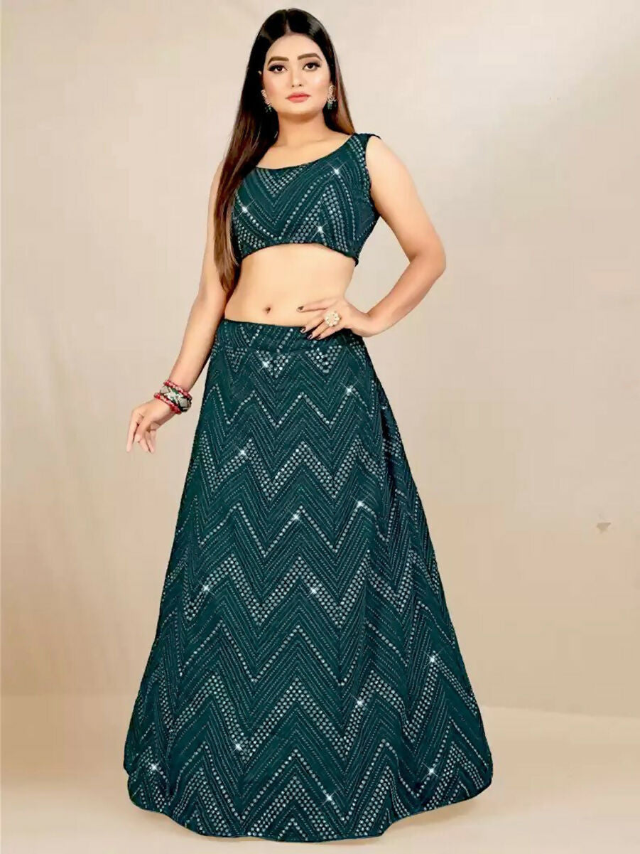 Jyoti Fashion Classy Bottle Green Georgette 3MM Sequins with Thread Embroidery Lehenga Choli with Dupatta | Grocsy