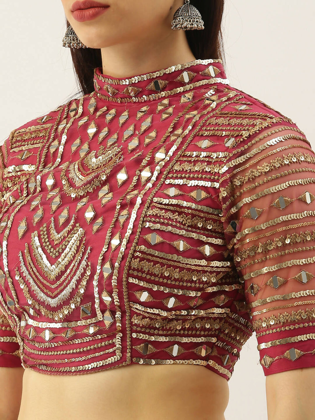 House of Panchhi Women Rosegold Net Embroidered Mirror Lehenga & Blouse with Dupatta | Grocsy