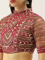 House of Panchhi Women Rosegold Net Embroidered Mirror Lehenga & Blouse with Dupatta | Grocsy