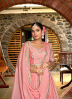 Pink Chinon Crushed Sequence and Thread Embroidery Work Lehenga Choli with Dupatta - Viharini | Grocsy