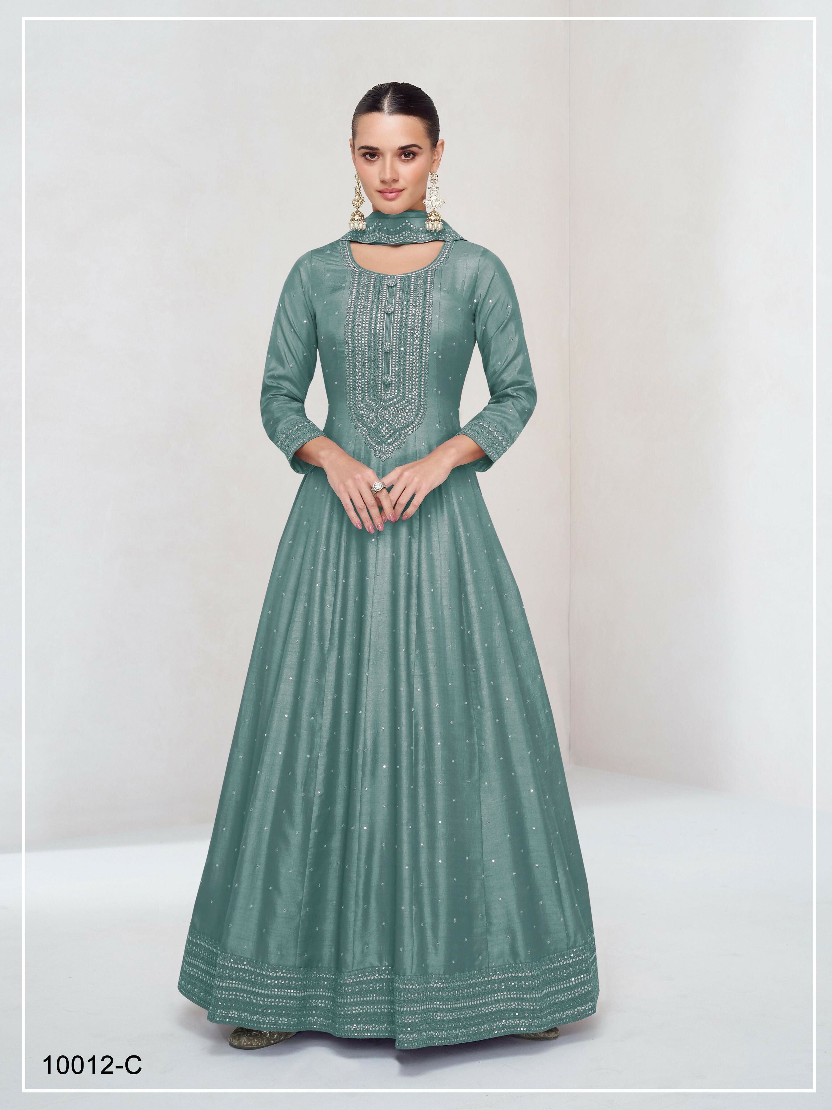 Teeya Creation Teal Color Heavy Vichitra Silk Embroidery Work Long Gown | Grocsy