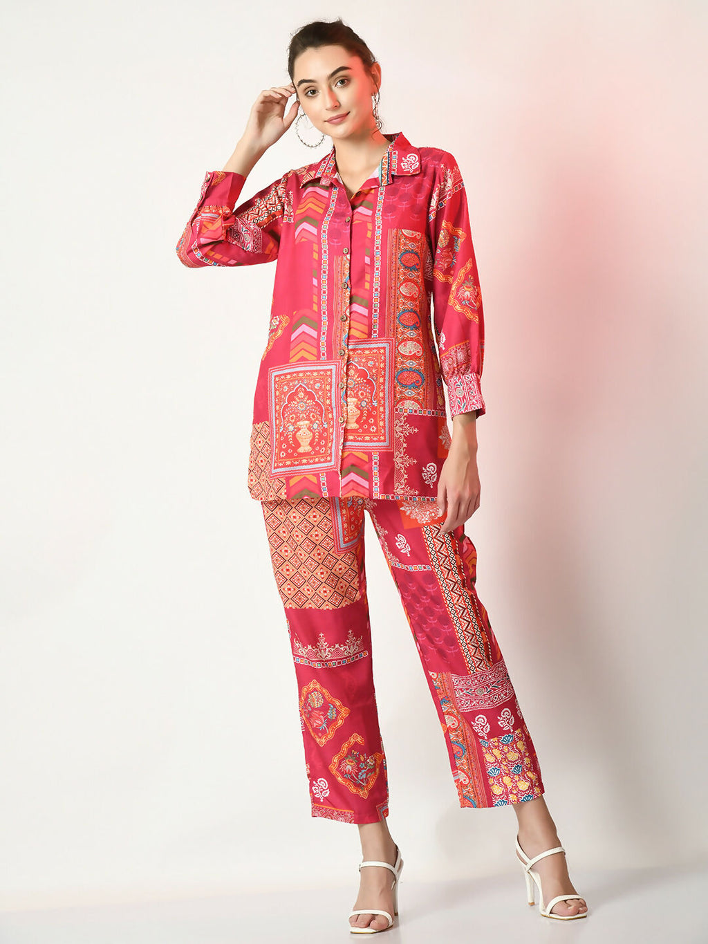 Myshka Women's Pink Printed Shirt With Trousers | Grocsy