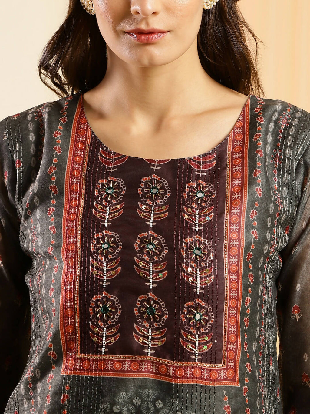 Dark Green Chinon Digital Printed With Hand Work Kurta - Himanshi | Grocsy
