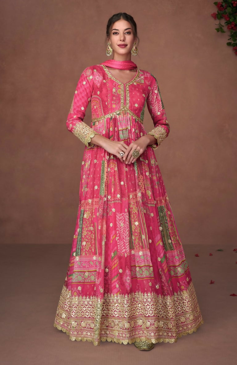Vastranavya Pink Organza Silk Printed & Foil Mirror Work Anarkali Suit Set | Grocsy