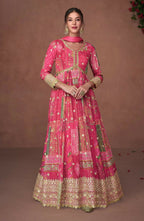 Vastranavya Pink Organza Silk Printed & Foil Mirror Work Anarkali Suit Set | Grocsy