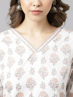 FIORRA Women's White Cotton A-Line Kurta Palazzo Set | Grocsy
