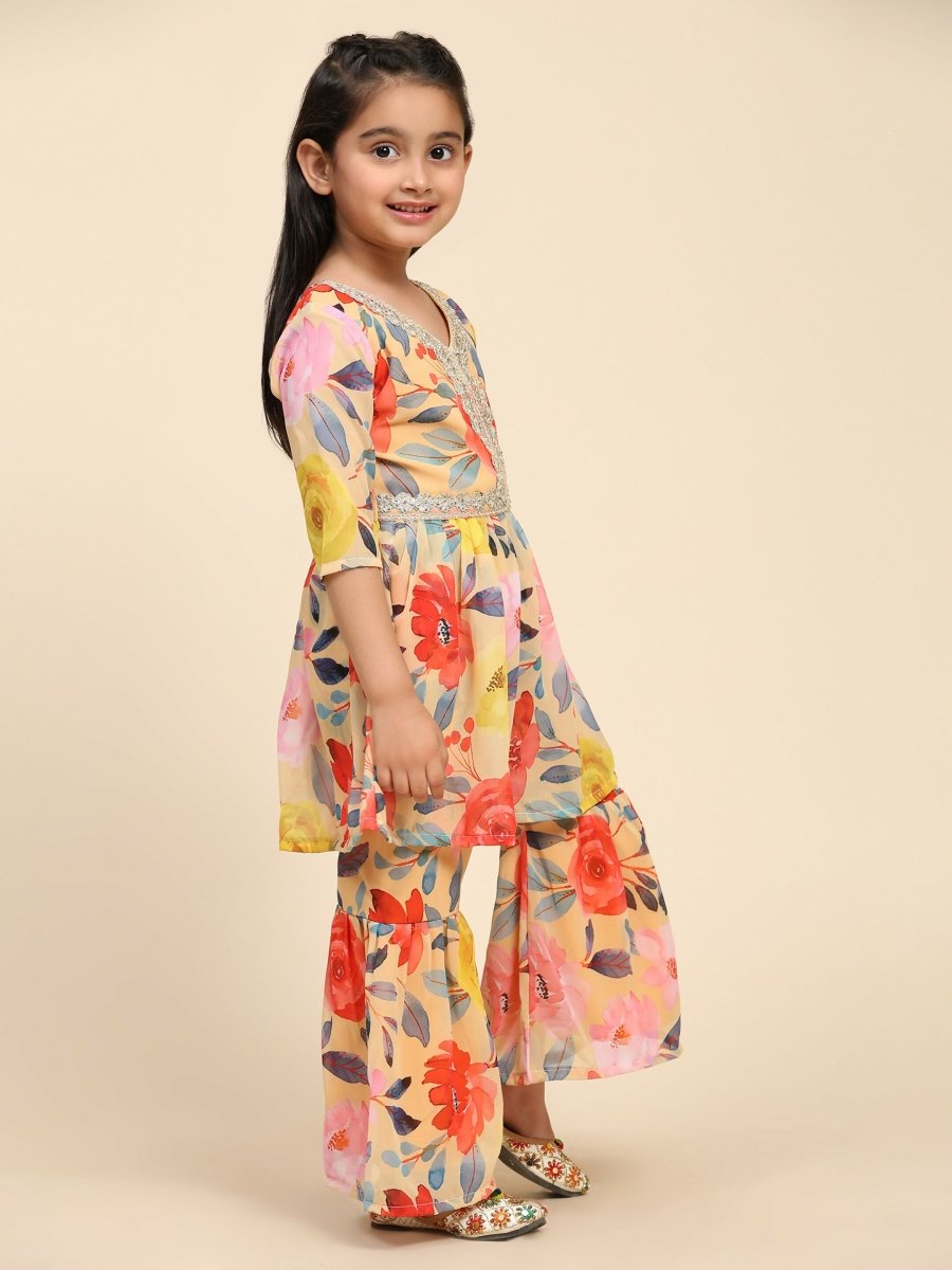 Alakhi Studio Girls Floral Georgette Printed V-Neck Kurta With Sharara - Mustard | Grocsy